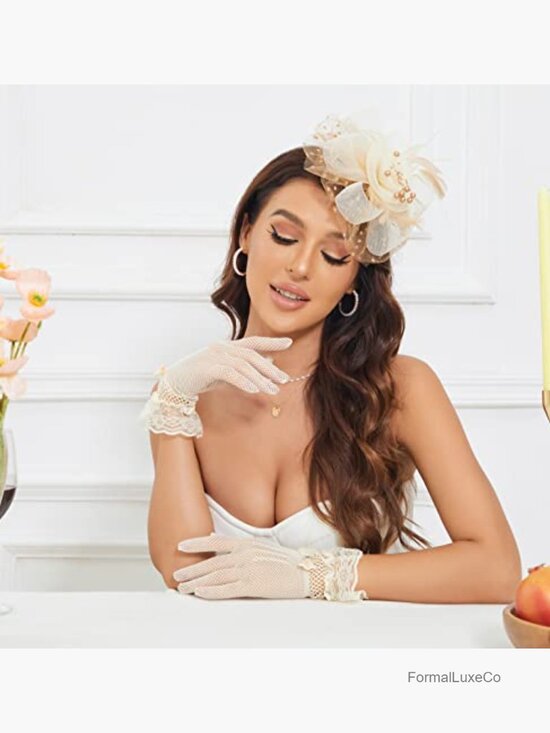 Fascinator Hat with Clip and Lace Gloves Set Wedding Cocktail Party main image 5